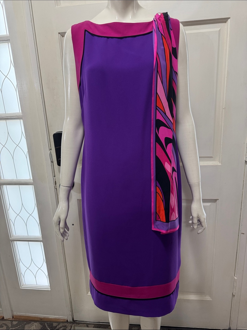 Bob Mackie Vintage Sheath Purple/Pink With Silk Scarf Size 12